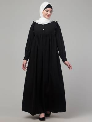 Black waist frill cuff sleeves flare abaya with hijab 1
