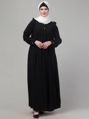 Black waist frill cuff sleeves flare abaya with hijab 3