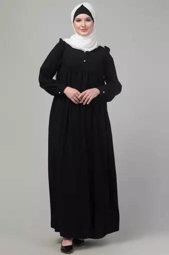 Black waist frill cuff sleeves flare abaya with hijab