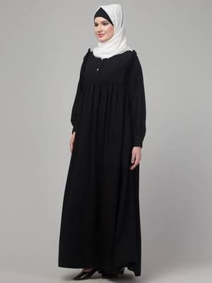 Black waist frill cuff sleeves flare abaya with hijab 4
