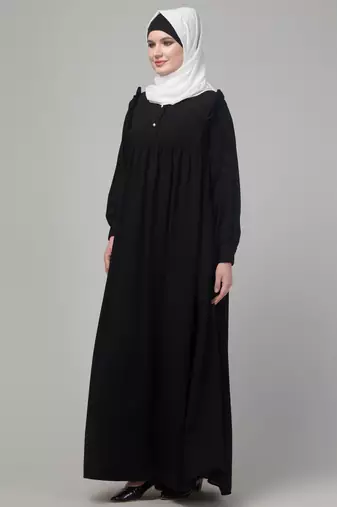 Black waist frill cuff sleeves flare abaya with hijab