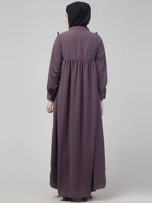 Purple waist frill cuff sleeves flare abaya with hijab 2