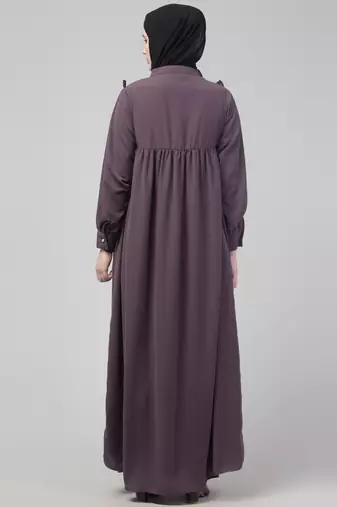 Purple waist frill cuff sleeves flare abaya with hijab