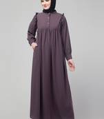 Purple waist frill cuff sleeves flare abaya with hijab
