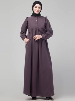 Purple waist frill cuff sleeves flare abaya with hijab 3
