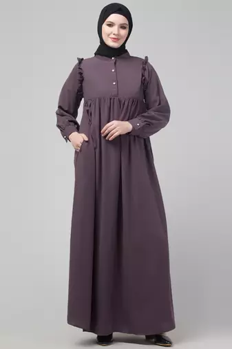 Purple waist frill cuff sleeves flare abaya with hijab