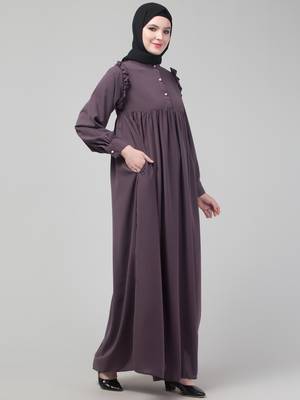 Purple waist frill cuff sleeves flare abaya with hijab 4