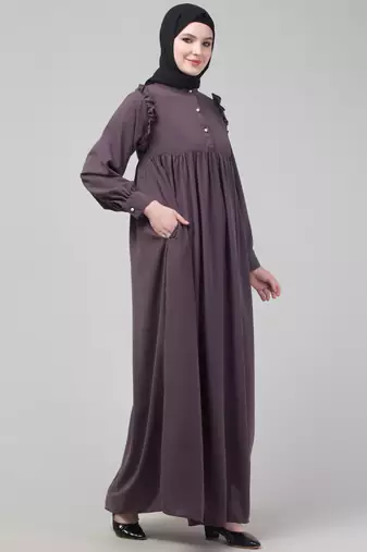 Purple waist frill cuff sleeves flare abaya with hijab