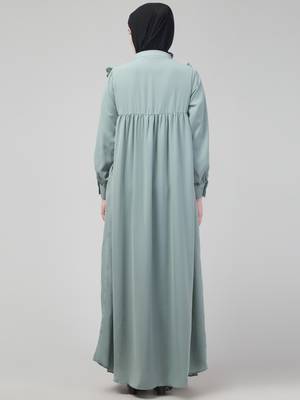 Sage waist frill cuff sleeves flare abaya with hijab 2