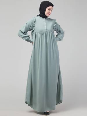 Sage waist frill cuff sleeves flare abaya with hijab 1