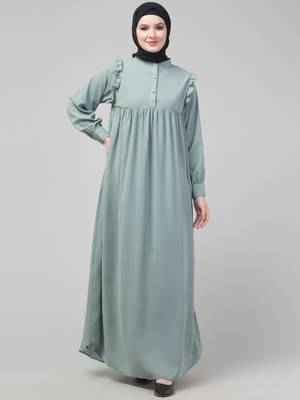 Sage waist frill cuff sleeves flare abaya with hijab 3