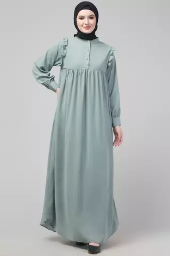 Sage waist frill cuff sleeves flare abaya with hijab