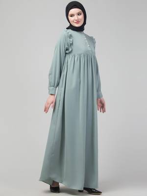 Sage waist frill cuff sleeves flare abaya with hijab 4