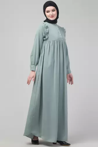 Sage waist frill cuff sleeves flare abaya with hijab