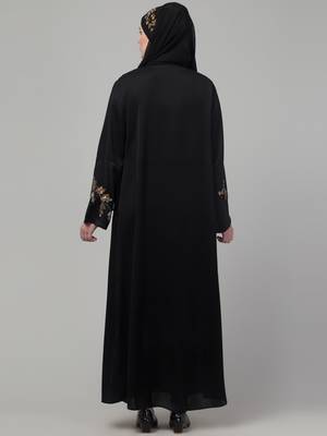 Black shine nida abaya with hand embroidery sleeve and hijab 2