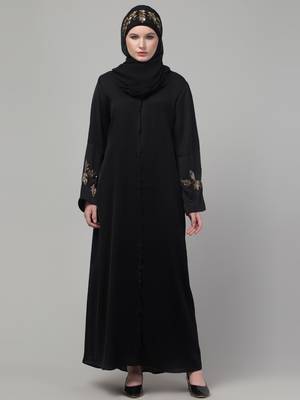 Black shine nida abaya with hand embroidery sleeve and hijab 1