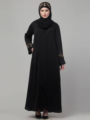 Black shine nida abaya with hand embroidery sleeve and hijab 3
