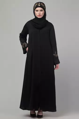 Black shine nida abaya with hand embroidery sleeve and hijab