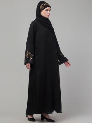 Black shine nida abaya with hand embroidery sleeve and hijab 4