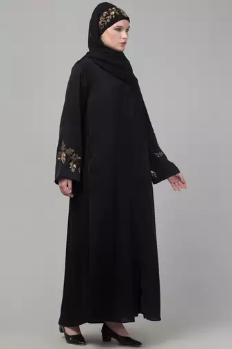 Black shine nida abaya with hand embroidery sleeve and hijab
