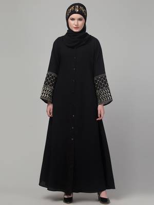 Black matt nida zari hand embroidery abaya with hijab 3