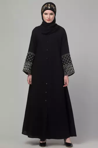 Black matt nida zari hand embroidery abaya with hijab