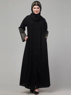 Black matt nida zari hand embroidery abaya with hijab 1