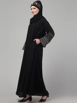 Black matt nida zari hand embroidery abaya with hijab 4
