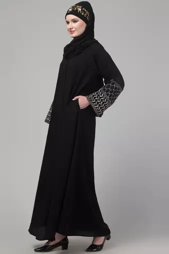 Black matt nida zari hand embroidery abaya with hijab