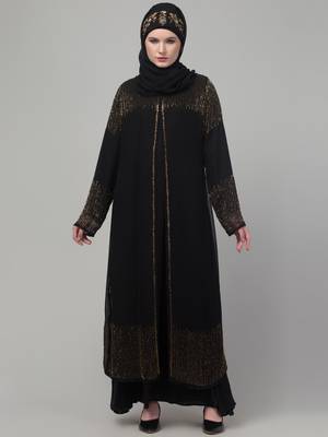 Black hand embroidered double layered abaya with hijab 3