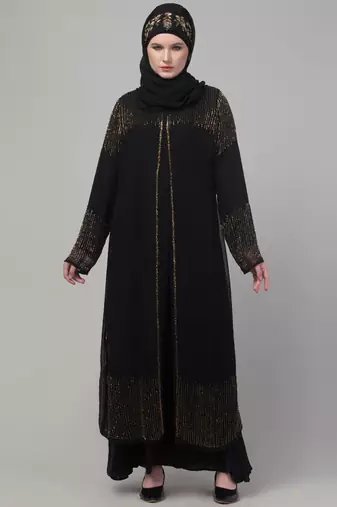 Black hand embroidered double layered abaya with hijab