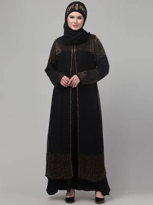 Black hand embroidered double layered abaya with hijab 1