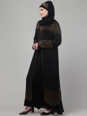 Black hand embroidered double layered abaya with hijab 4