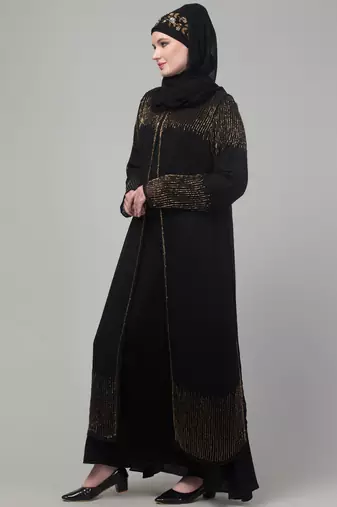 Black hand embroidered double layered abaya with hijab