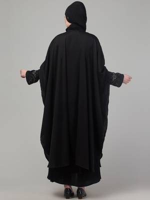 Black double layer front and sleeve hand embroidered abaya with hijab 2