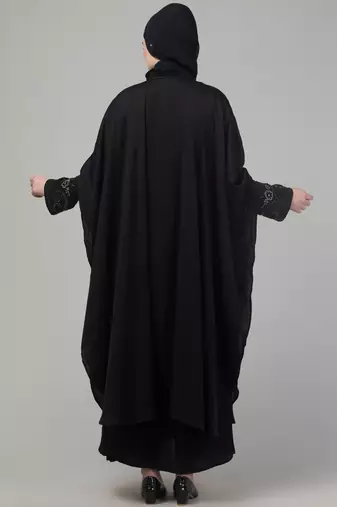 Black double layer front and sleeve hand embroidered abaya with hijab