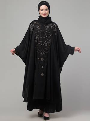 Black double layer front and sleeve hand embroidered abaya with hijab 1