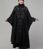Black double layer front and sleeve hand embroidered abaya with hijab