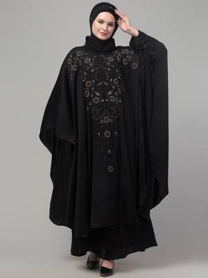 Black double layer front and sleeve hand embroidered abaya with hijab 3