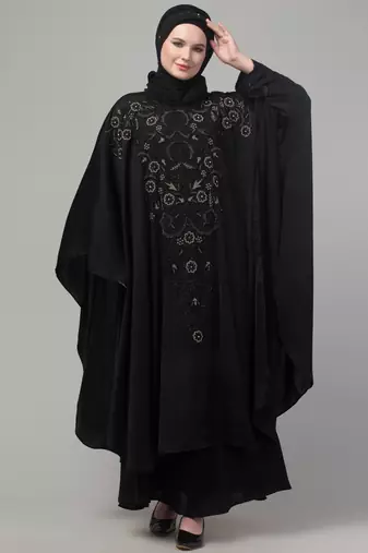 Black double layer front and sleeve hand embroidered abaya with hijab