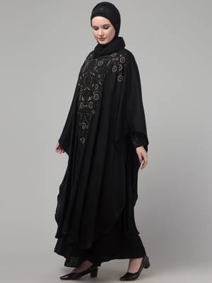 Black double layer front and sleeve hand embroidered abaya with hijab 4
