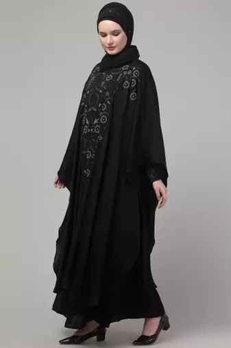 Black double layer front and sleeve hand embroidered abaya with hijab