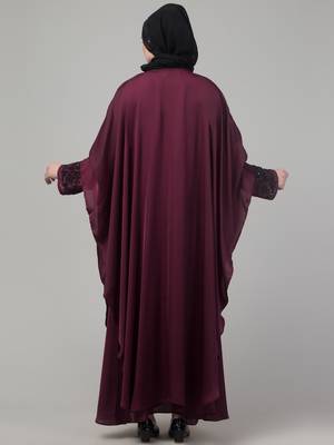 Wine double layer hand embroidered abaya with  contrast hijab 2