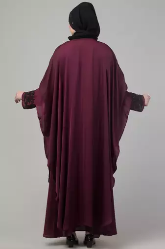 Wine double layer hand embroidered abaya with  contrast hijab