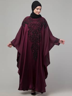 Wine double layer hand embroidered abaya with  contrast hijab 1