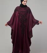 Wine double layer hand embroidered abaya with  contrast hijab