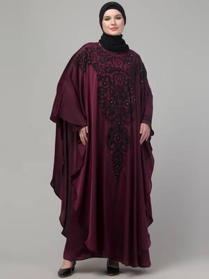 Wine double layer hand embroidered abaya with  contrast hijab 3