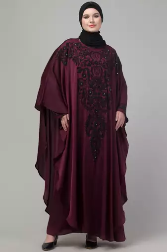 Wine double layer hand embroidered abaya with  contrast hijab