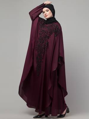 Wine double layer hand embroidered abaya with  contrast hijab 4