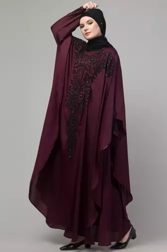 Wine double layer hand embroidered abaya with  contrast hijab
